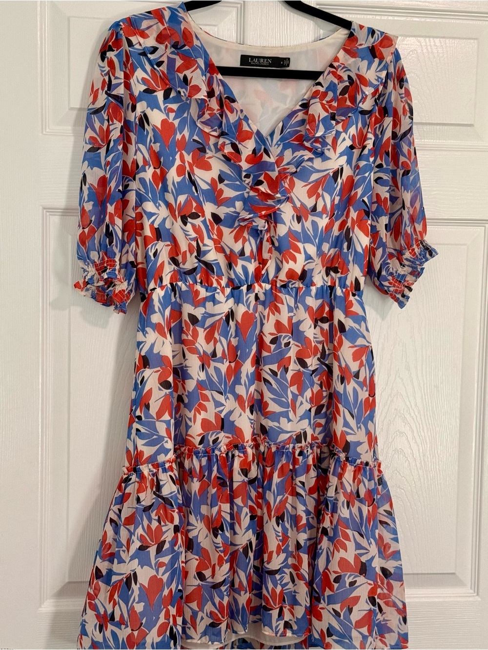 Lauren Ralph Lauren Red, Blue & White Floral Ruffle Midi Dress